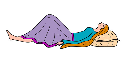 Doodle young woman lying. Girl relaxing on the pillow isolated on white background. Side view.
