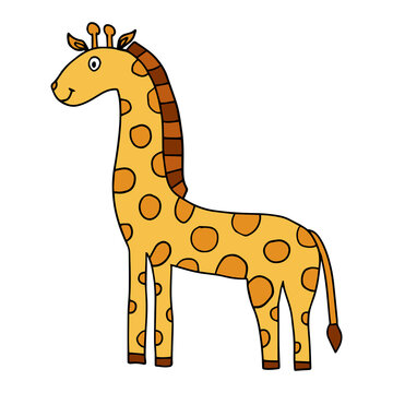 Cartoon doodle linear giraffe isolated on white background. Childlike style.