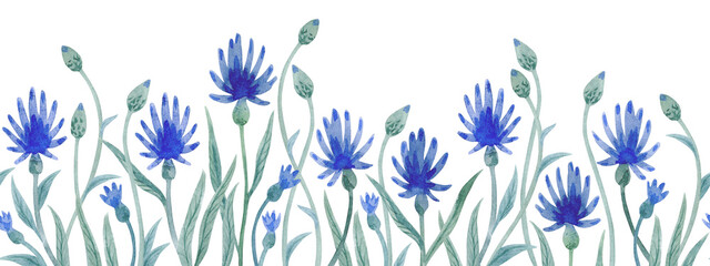 Fototapeta na wymiar Watercolor seamless border with blue flowers isolated on white background.