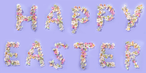 High-colored spring blossom flowers lettering Happy Easter on bright violet very peri color background topview