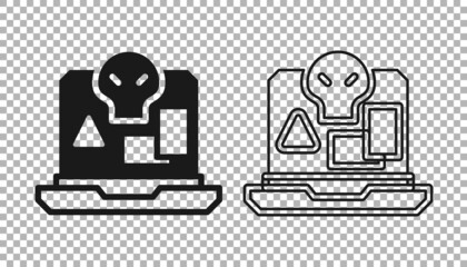 Black Internet piracy icon isolated on transparent background. Online piracy. Cyberspace crime with file download and movies sharing. Vector