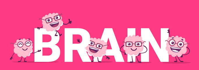 Vector creative illustration of group of happy pink brain character in glasses and word brain on color background. Flat doodle style knowledge concept design of happy human brain character with word