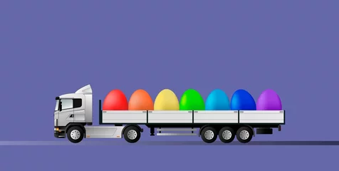 Cercles muraux Pantone 2022 very peri Happy Easter. A modern European truck with a semi-trailer is carrying eggs for the holiday. Very peri background. Vector illustration.
