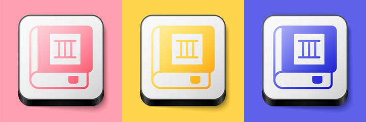 Isometric Book icon isolated on pink, yellow and blue background. Third volume. Square button. Vector