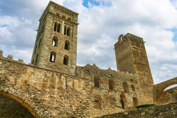 Fototapeta na wymiar High medieval towers of the stone monastery on the mountain. Sant Pere de Rodes, Girona.