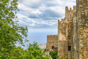 Aerial view of the sea and the beach from the mountain where the medieval monastery of Sant Pere de...