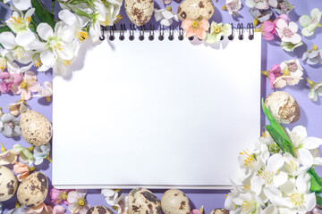 Spring Easter background, with small Easter eggs decoration, spring blossom flowers on violet very peri color background flatlay frame 
