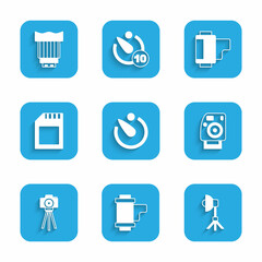 Set Camera timer, roll cartridge, Softbox light, Photo camera, SD card, and photo lens icon. Vector