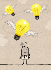 Cartoon man with Flying Light bulbs over his head