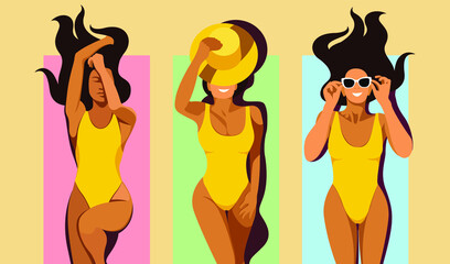 vector illustration on the theme of summer holidays and tropical vacations. three different beautiful young tanned girls in yellow bathing suits sunbathe on the beach on colorful rugs. 