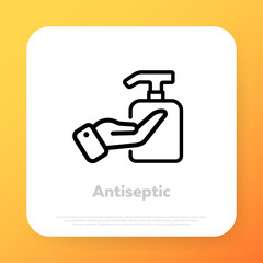 Icon of hygiene procedure, disease prevention. Vector sanitizer , bacterial prevention. Medical support. Health care. Can be used for topics like medicine, clinic, health care. Vector illustration