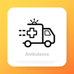 Ambulance paramedic vehicle. Medical services, medical consultation. Medical aid symbol. Medical support. Healthcare. Can be used for topics such as medicine, clinic, healthcare. Vector illustration