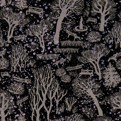 Winter trees park scenery with benches seamless pattern on black. Calm black and brown seamless pattern. Modern doodle illustration perfect for baby design, fabric, wallpaper, Christmas packaging.