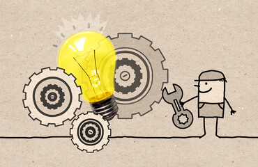 Cartoon worker with Gears and Light bulb