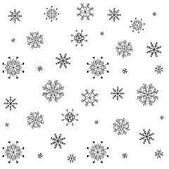 Set of snowflakes shapes, snow texture in black and white seamless pattern. Cute snowfall background