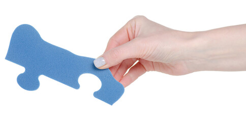 Blue puzzle in hand on white background isolation