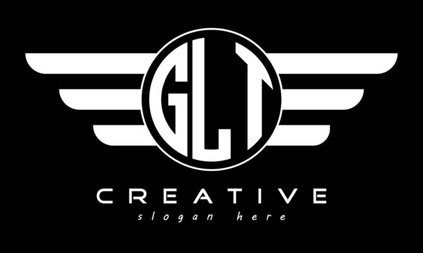 GLT three letter monogram type circle letter logo with wings vector template.