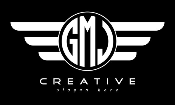 GMJ three letter monogram type circle letter logo with wings vector template.