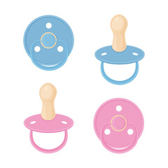 A set consisting of baby pacifiers in blue and pink colors. Collection of nipples.Baby nipples, side view and bottom view. Vector illustration isolated on a white background