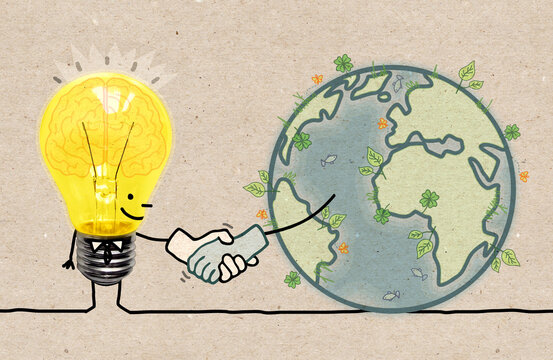 Cartoon light bulb Shaking Hand with the Earth