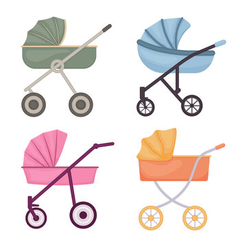 Baby strollers. A set of baby strollers. Strollers for newborns of different colors. Vintage strollers. Vector illustration isolated on a white background