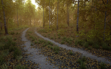Dirt road with tire tracks in an autumn forest on a sunny misty morning. 3D render.