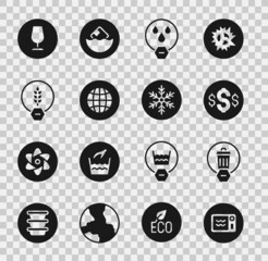 Set Microwave oven, Trash can, Dollar symbol, Water drop forbidden, Social network, Gluten free grain, Fragile broken glass and Snowflake icon. Vector