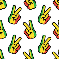 Fototapeta premium Guinea flag in the form of a peace sign. Seamless background. Gesture V victory sign, patriotic sign, icon for apps, websites, T-shirts, souvenirs, etc., isolated on white background