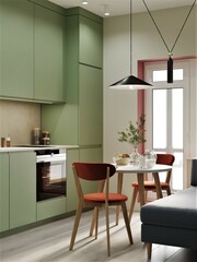 modern green kitchen design with stone apron and sofa in the kitchen, pink slopes