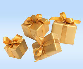 Beautifully wrapped gift boxes flying on light blue background