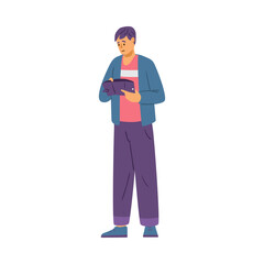 Man stand and look inside empty wallet, flat vector illustration isolated. Male person has money problem.