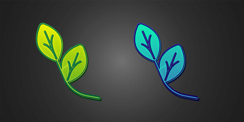 Green and blue Leaf icon isolated on black background. Leaves sign. Fresh natural product symbol. Vector