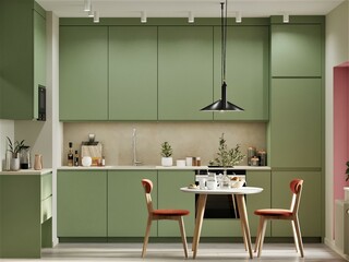 modern green kitchen design with stone apron and sofa in the kitchen, pink slopes,
orange chairs - 479604438