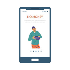 No money flat vector smartphone banner with a man with empty wallet. Asian student hipster is broke and poor.