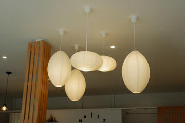 White lamps hanging from the ceiling.