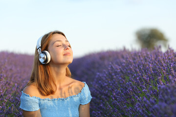 Female breathing listening to music in a lavender field - obrazy, fototapety, plakaty
