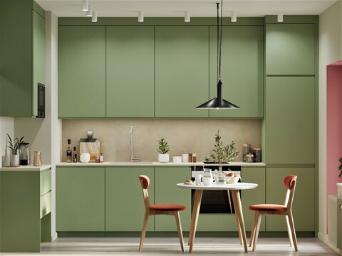 modern green kitchen design with stone apron and sofa in the kitchen, pink slopes, 
orange chairs