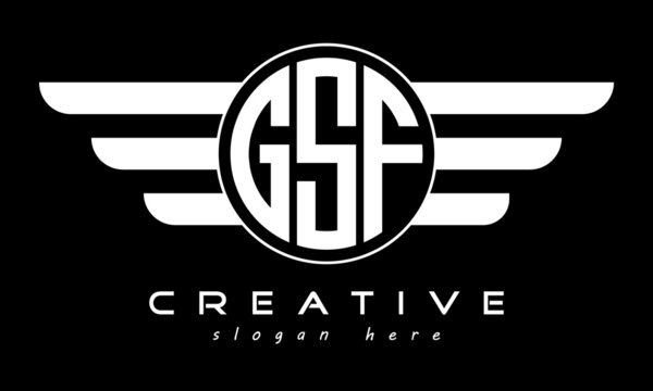GSF three letter monogram type circle letter logo with wings vector template.