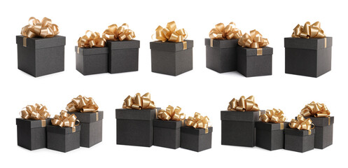 Set with beautiful gift boxes on white background. Banner design
