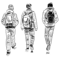 Sketch of three teens students walking together outdoors - 479604860