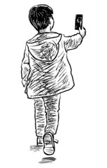 Sketch of little boy walking outdoor and looking at smartphone - 479604864