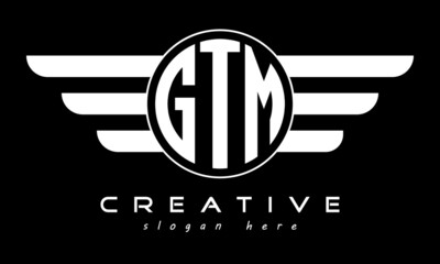 GTM three letter monogram type circle letter logo with wings vector template.