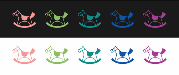 Obraz premium Set Wooden horse in saddle swing for little children icon isolated on black and white background. Vector