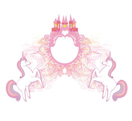 Cute unicorns and fairy-tale princess castle - birthday banner