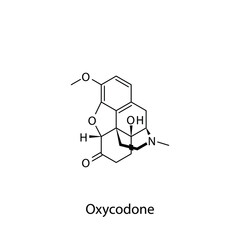 Oxycodone molecular structure, flat skeletal chemical formula. Opioid, painkiller, narcotic, analgesic drug used to treat . Vector illustration.