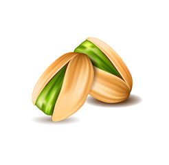 Realistic nut concept. Sticker with delicious pistachios in shell. Healthy food with vitamins and fatty acids. Design element for printing. Cartoon 3D vector illustration isolated on white background