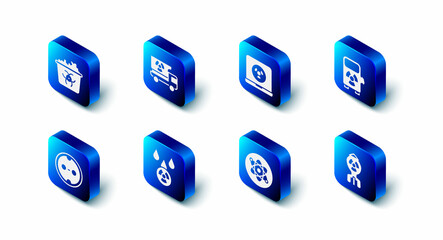 Set Truck with radiation materials, Nuclear laptop, Electric car charging station, bomb, Atom, Acid rain and radioactive cloud, Electrical outlet and Infectious waste icon. Vector