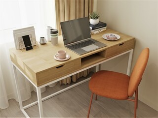 modern design of a living room with a bed in and a work area in warm shades, beige walls, a white wardrobe, an orange chair, decor on the table