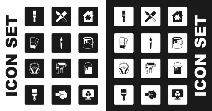 Set Painting the house, brush, Color palette guide, bucket, and Gas mask icon. Vector