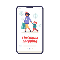 Christmas shopping onboarding mobile app page flat vector illustration.
